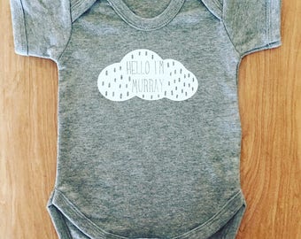 Personalised name baby grow grey white rain cloud