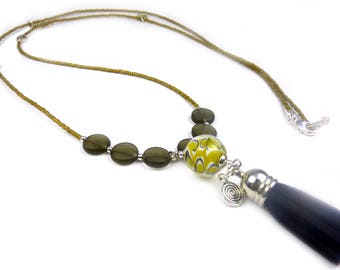 TALISMAN necklace with ochre green tassel lampwork bead