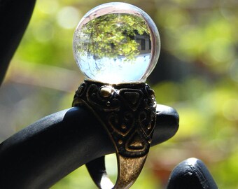 Crystal Ball Ring Fortune Teller Ring Telling Clear Quartz Sphere Ring Crystal Glass Orb Globe Psychic Jewelry Goblin King Labyrinth