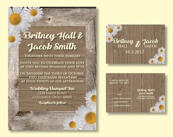 Daisy and Barn Wood Wedding Invitation and RSVP