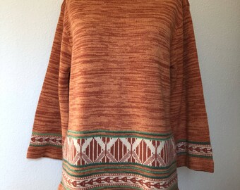 Vintage space dye sweater bell sleeve, 70s 1970s retro knit, bohemian sweater, tribal boho hippie, boat neck, Partners Mervyn's vtg M L