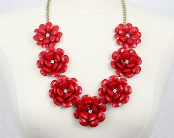Beaded Rose Necklace Chunky Flower Statement Necklace Red Flower Necklace Red Rose Necklace Red Necklace Red Statement Necklace