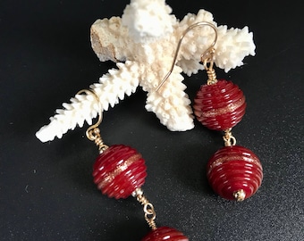 Red ridged goldstone lampwork glass bead earrings