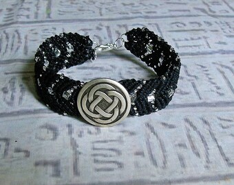 Micro macrame bracelet with Celtic knot button. Black and crystal macrame jewelry.