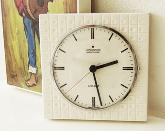 Vintage Space Age white Junghans wall clock, Op Art, Germany