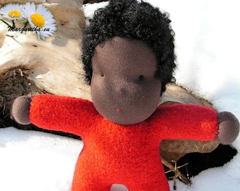 Jordan, ready to ship, 10" woolen African Waldorf doll, hug doll, cloth doll, black steiner doll, cuddle doll, baby boy doll, ethnic doll