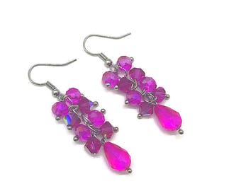 Fuchsia Earrings, Pink Crystal Cluster Earrings, Cluster Earrings, Dark Pink Earrings, Pink Cluster Earrings, Cluster Drop Earrings, Pink