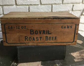 Vintage split wood crate Bovril roast beef wooden container storage display
