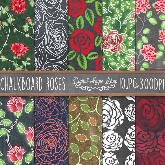 Chalkboard Roses Hand drawn flower Seamless Patterns 10pcs