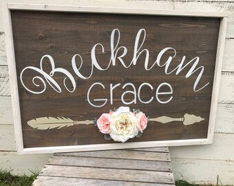 Rustic Large Nursery Baby Name Arrow and Antlers personalized reclaimed pallet wood sign little girl room boho flowers hand painted sign