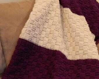Blanket - Crochet Afghan - Basket Weave - Full Size - Purple