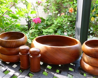 Teak Wood Salad Bowl Set Of 6 Individual Bowls One Large Serving Bowl With Matching Salt And Pepper Shakers By Goodwood