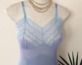 JAYNE - vintage slip, periwinkle blue, sheer lace and chiffon details, midcentury lingerie (1950s 1960s)
