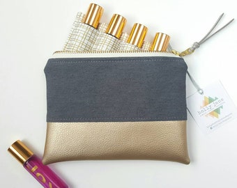 Essential Oil storage, roller bottle bag, roller bottle insert, essential oil case, travel oils, 4 or 8 roller bottle oil bag, gray and gold