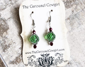 Christmas Ornament Earrings, Red and Green Earrings, Caged Glass Christmas Earrings, Christmas Earrings, Holiday Earrings, Festive Earrings