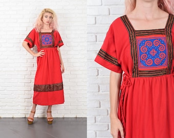 Vintage 70s Red Boho Dress Hippie Black Gold Striped Print Metallic Midi S M 10475