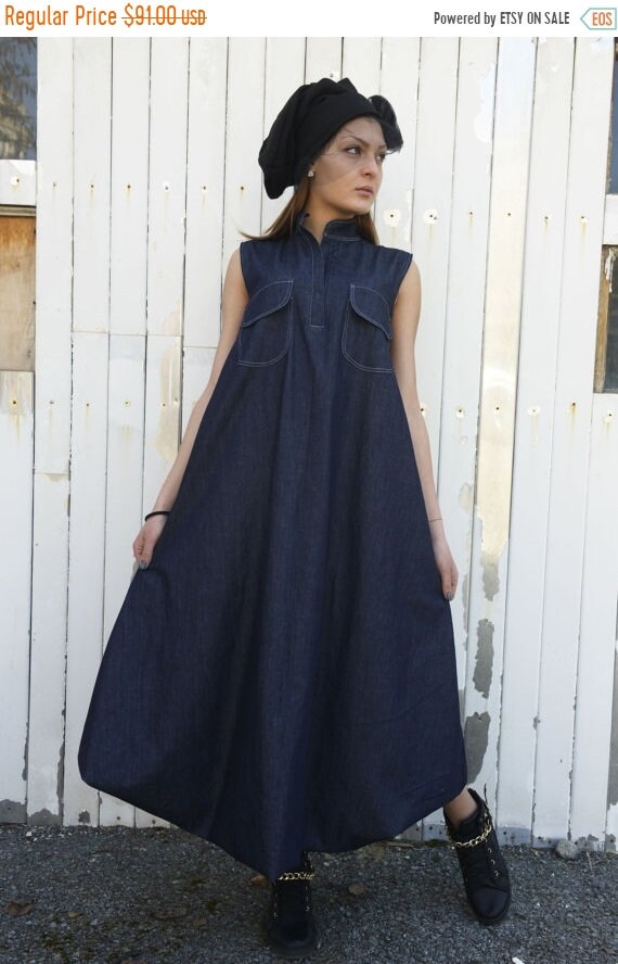 SALE Denim Maxi Dress Blue Jean Dress Dark Blue Kaftan