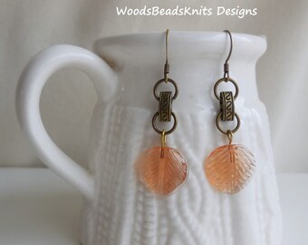 Boho Earrings, Bohemian Earrings, Glass Earrings, Leaf Earrings, Dangle, Antique Brass Nickel-Free Hooks, Gift Women, Free Shipping Canada