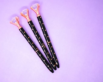 Pens, Rose Gold & BLACK POLKA DOT Diamond Top pen, Fancy Pretty Pen, Diamond Wedding Pens, Crystal Gem Pen School Office Planner Supplies