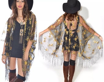 Sheer Lace Gold Sequins Fringe Kimono Cocktail Party Kimono Jacket
