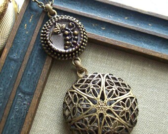 50% Off Sale, Vineyard, Victorian Antique Button with Scent Locket Necklace, Grape Cluster, Berries