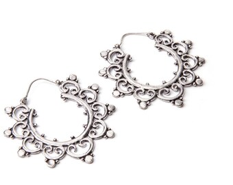 Mandala Dotted White Brass Hoop Earrings Tribal Earrings Gypsy Jewellery Free UK Delivery Gift Boxed WB18