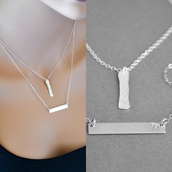Silver Bar Layered Necklace Two Initial Necklace Hammered