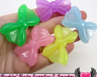 Pastel Neon Bow Decoden Flatback Cabochons (5 pieces) 44 x 28 mm, bow cabochons, resin bows, bow kawaii cabochons