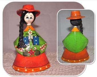 Vintage Mexican Senorita Girl Paper Mache Figurine, Colorful Folk Art Doll, A.N. Mexico