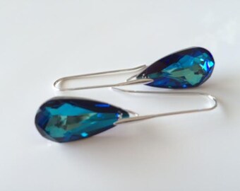 Bermuda Blue Swarovski Earrings,Long earrings, Sterling Silver, Tear drop shape, thehappylittlebeader