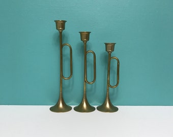 Vintage Brass Trumpet Candle Holders Graduated Brass Candlesticks Set of 3 Bugle Candleholders