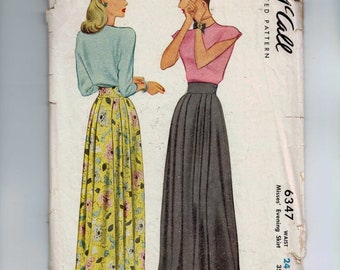 1940s Vintage Sewing Pattern McCall McCalls 6347 Misses Long Skirt Evening Length Waist 24 Hip 33 40s 1946
