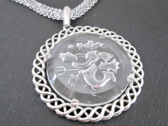 Crown Trifari Necklace, Zodiac Aquarius, Glass Intaglio, Silver Tone Metal, Vintage Trifari