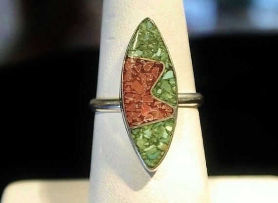 Zuni Ring / Turquoise / Coral / Sterling / Native American / Size 6
