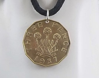 1937 English Coin Pendant, Three Pence, 3 Pence, Coin Pendant, Leather Cord, Mens Necklace, Womens Necklace, Vintage