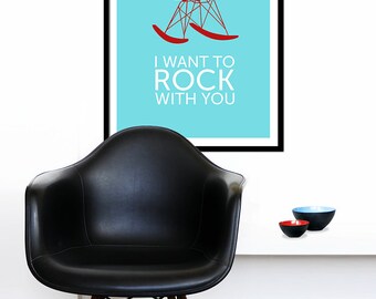 Eames poster print Mid Century Modern retro Herman Miller rocker chair nursery kitchen art office - I Want To Rock With You Red 50 x 70cm