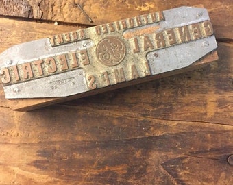 Vintage Letterpress Stamp Wood Metal Block General Electric Advertising