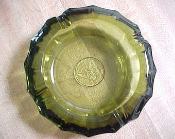 1970s Fostoria Coin Ashtray in Olive Green, 5 3/8" Vintage Glass Cigarette Ashtray With 1887 Eagle Coin