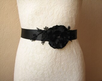 Black wedding sash Bridal dress belt Floral wedding Bridesmaid sash