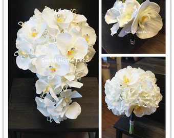 JennysFlowerShop Real Touch Phanaenopsis Orchid Hydrangea Diamond Wedding Bouquet Package Bridal Bouquet Bridesmaid Bouquet Boutonniere