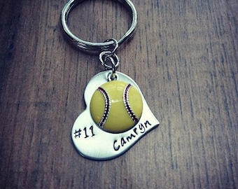 Hand Stamped Personalized Softball Keychain - Softball Keychain - Girls Softball Gift - Softball Gifts - Softball Senior Gift