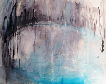 Original abstract painting, watercolour ink on large size canvas, abstract waterscape / Behind the lake