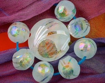 Lampwork Bead Set "Lighter Than Air" Handmade Sandblasted Iridescent Lustre Faceted Dichroic Glass Window Focal Bead & 7 Spheres ~ Sky Aqua