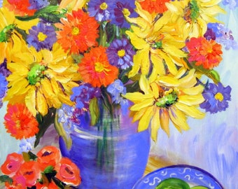 Sun Flower Still Life Original Painting 22 x 28 Canvas art Fine art by Elaine Cory