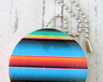 Turquoise Serape Round Wood Fan / Light Pull