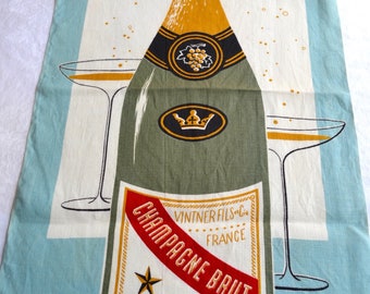 Vintage Linen Kitchen Towel - Champagne Bottle and Glasses - Martex