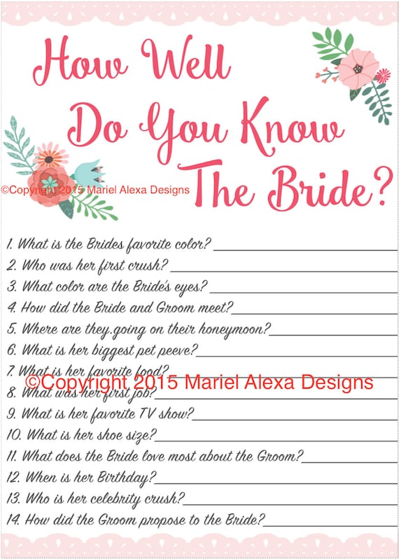Bridal Shower Game How well do you know the bride Fun