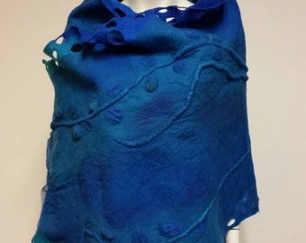 Warm shawl, Cobalt Scarf, Silk, chiffon, merino wool, gift idea, nuno, fibre art, Made to order;