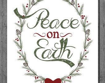 Christmas Printable - Instant Download - Peace on Earth - 8x10 - 16x20 - White
