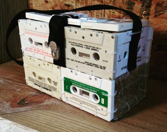 Handmade eco-friendly white cassette tape handbag